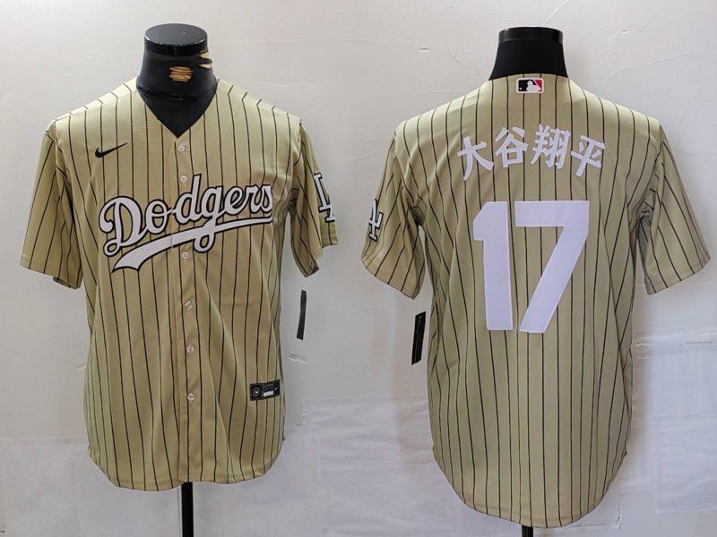 Men Los Angeles Dodgers 17 Ohtani Green Stripe Fashion Nike Game MLB Jersey style 7065
